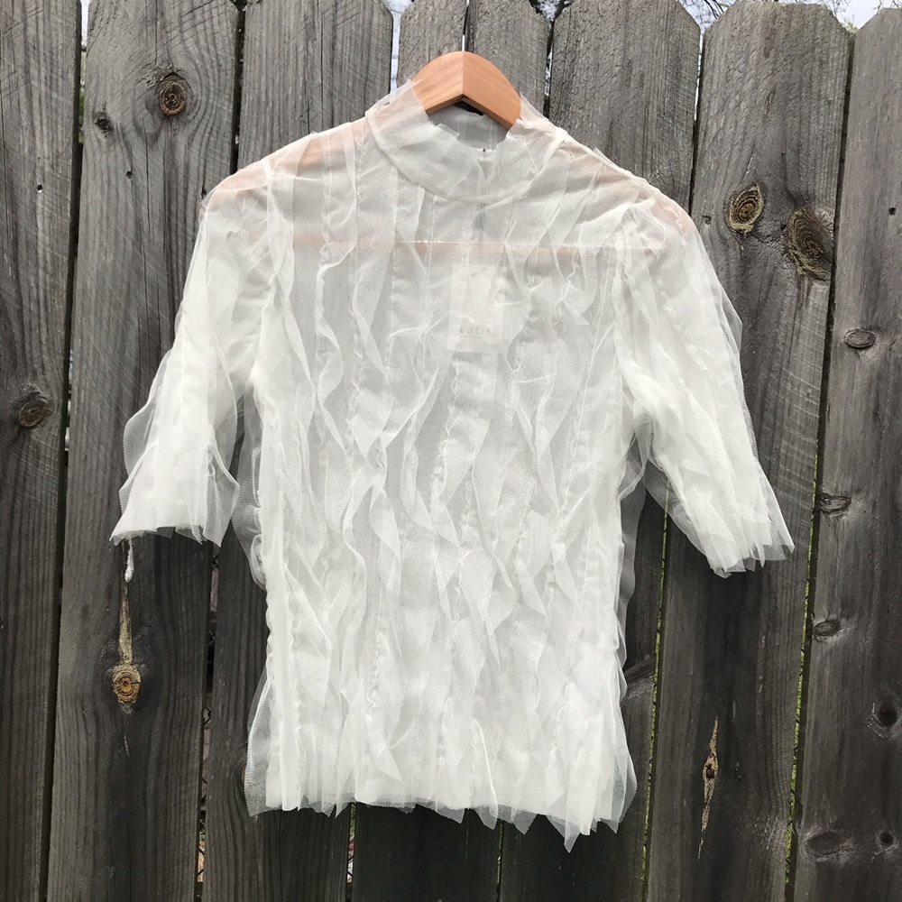 NWT White Sheer Ruffle Loeil Blouse